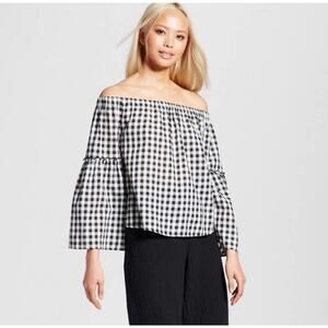 Who What Wear Top Womens Large Black White Gingham Off The Shoulder Blouse Check